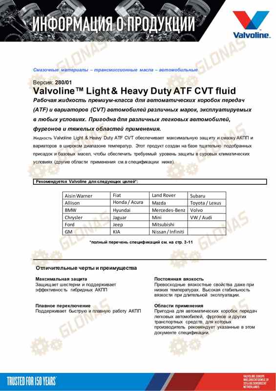 Valvoline Light & Heavy Duty ATF / CVT 20л