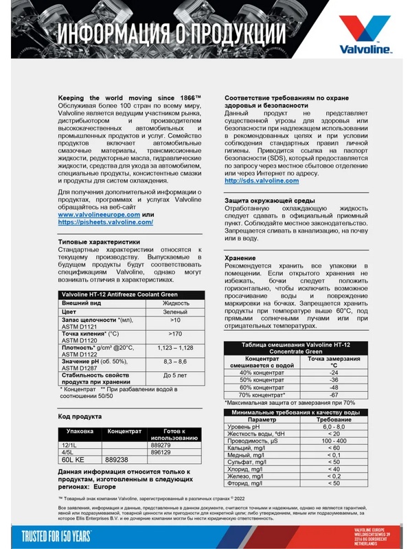 Valvoline HT-12 Green 1л готовый
